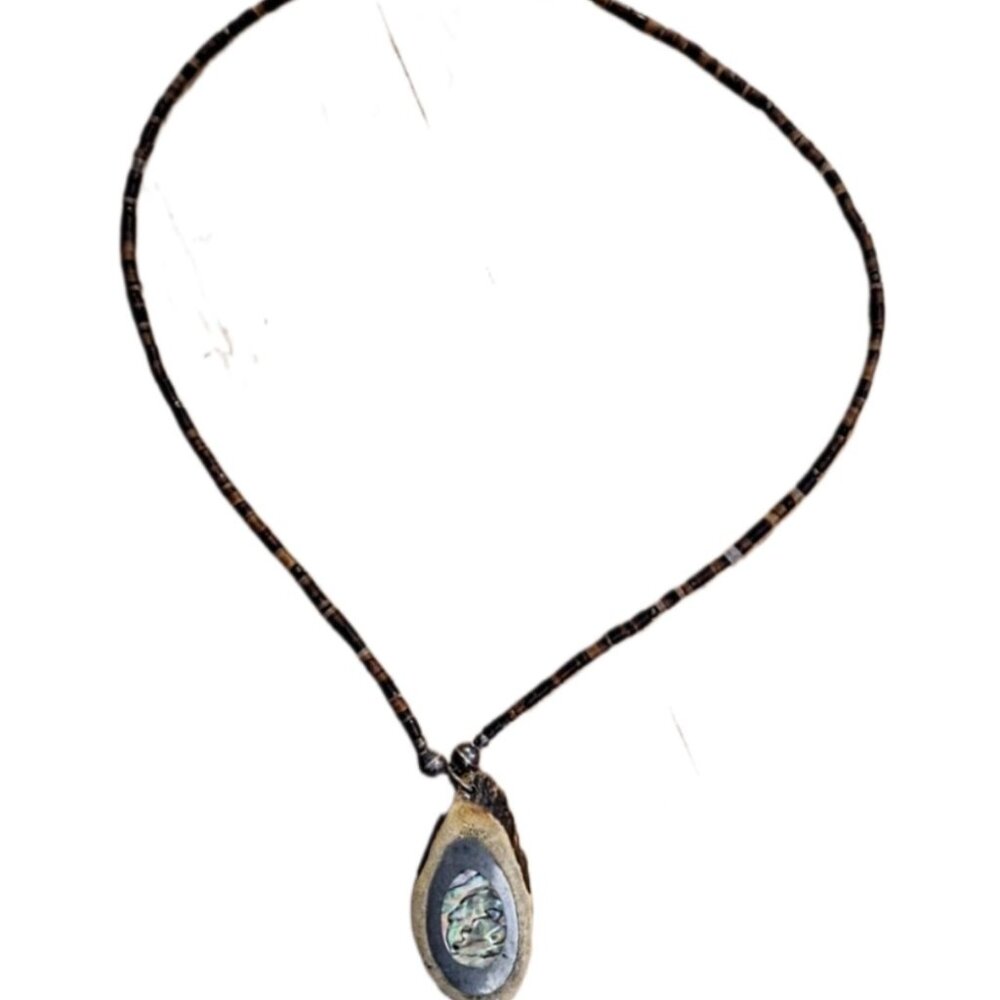 Vintage Bone Bead Necklace w/ Sliced Antler Bone Inlaid Silver & Mother of Pearl